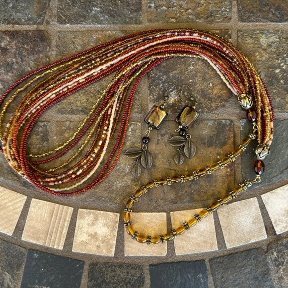 NEW - Hand Crafted Necklace & Coordinating Dangle Earrings - Earth Tone Beads - Picture 5 of 11